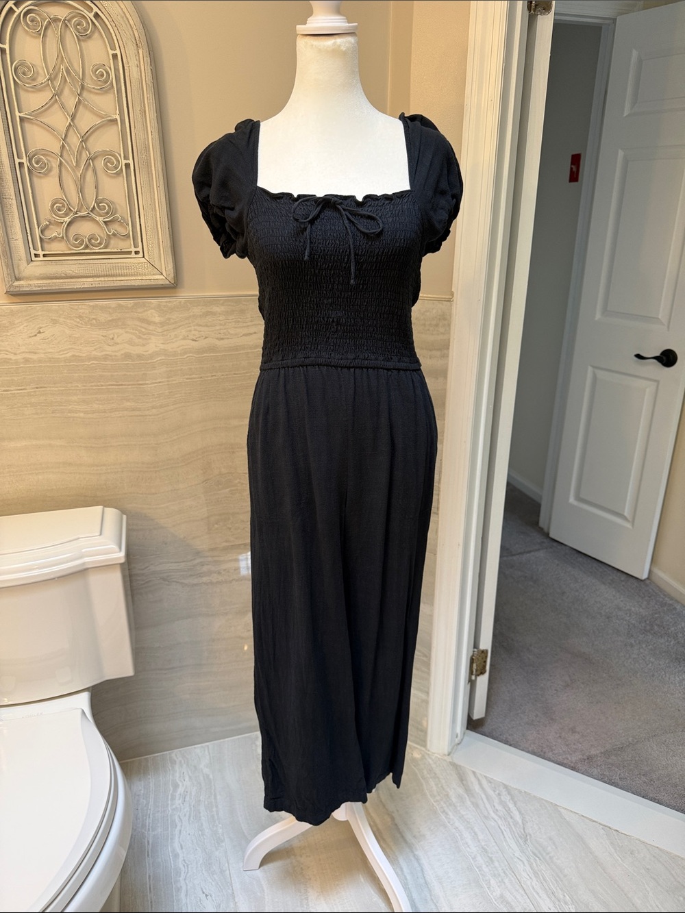 Abercrombie & Fitch Black Smocked Bodice Jumpsuit with Puff Sleeves